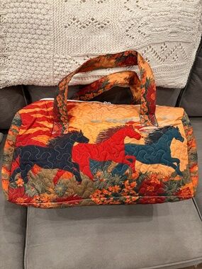 Quilted Horse Print Duffle Bag in Orange, Red & Teal
